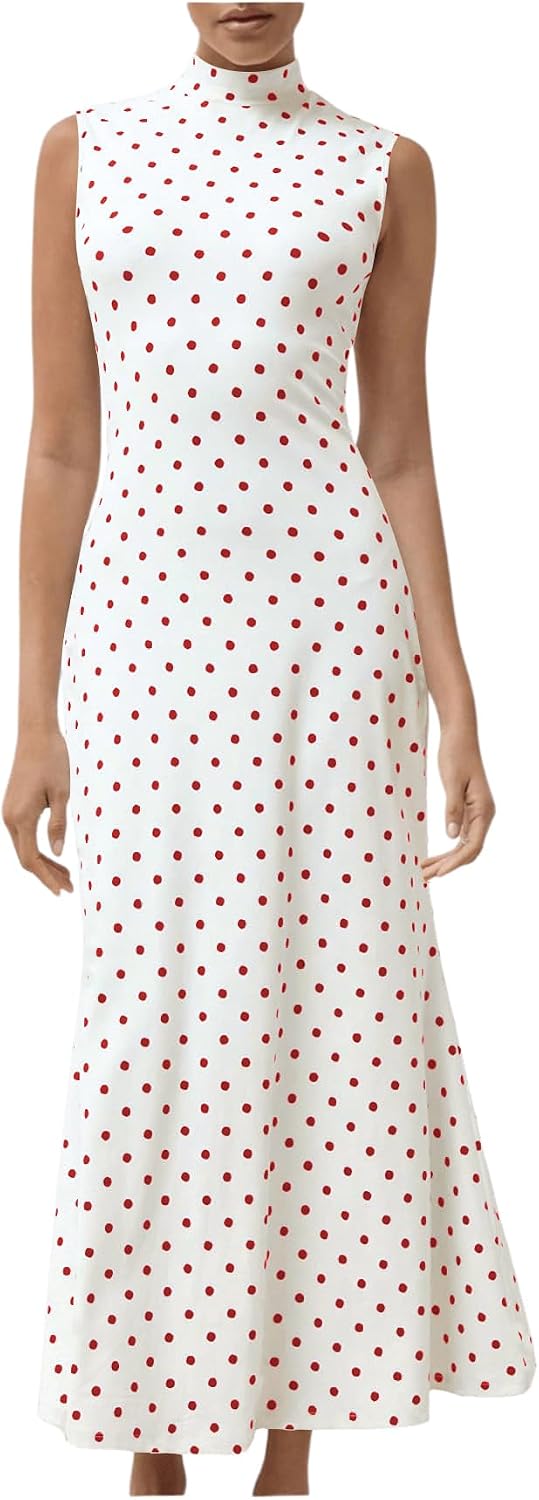 Milumia Women's Polka Dots Maxi Tank Dress Vintage Mock Neck Long Dresses