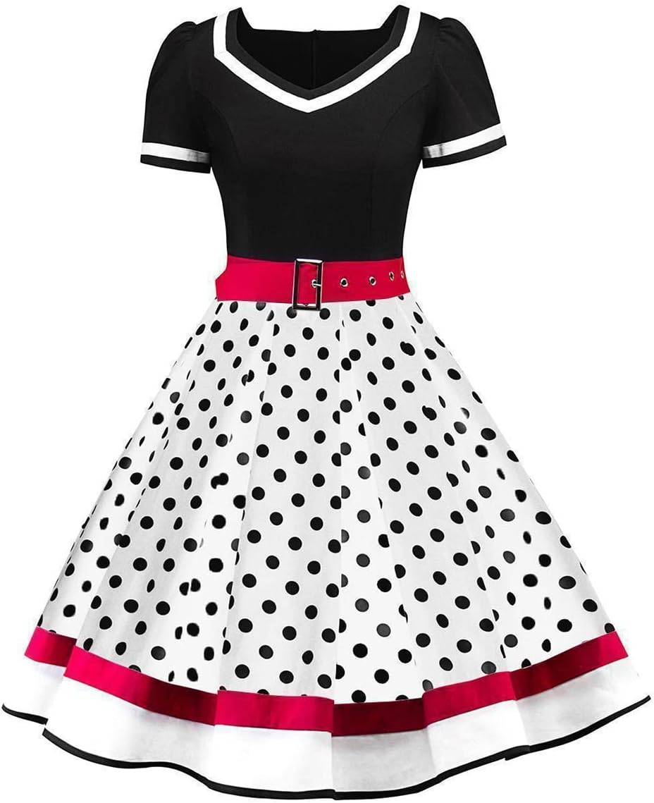 Women Vintage 1950s Dress 50s Polka Dot Rockabilly A-Line Swing Tea Party Prom Retro Cocktail Party Swing Dresses with Belt