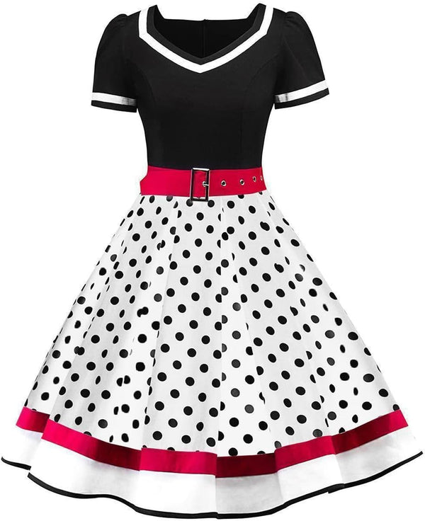 Women Vintage 1950s Dress 50s Polka Dot Rockabilly A-Line Swing Tea Party Prom Retro Cocktail Party Swing Dresses with Belt