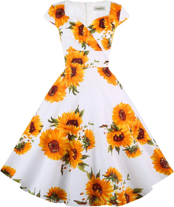Women's Cap Sleeve 1950s Retro Vintage Cocktail Swing Dresses with Pocket