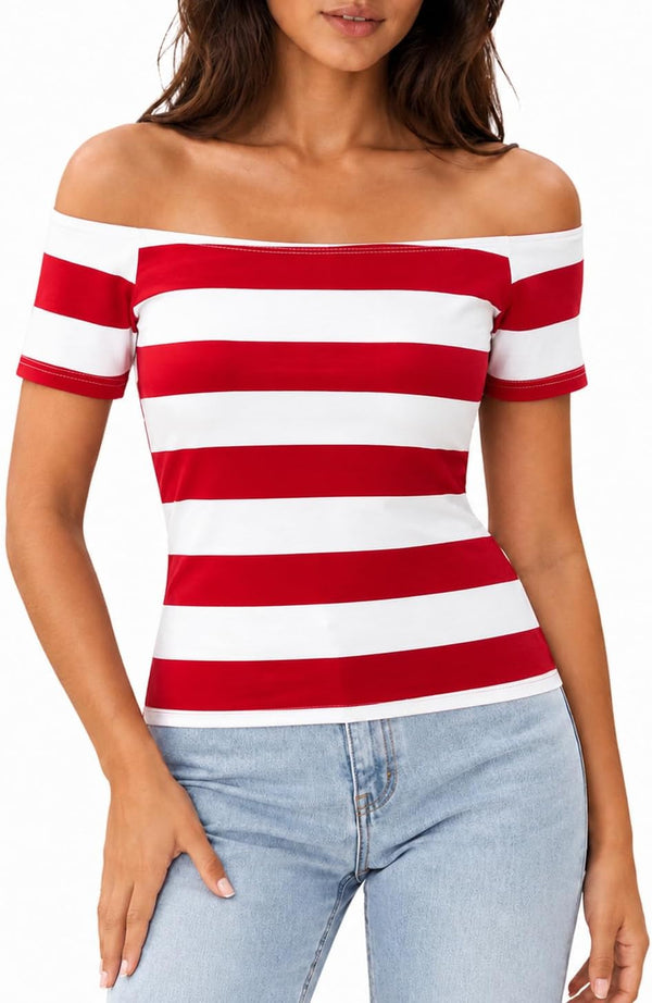 LilyCoco Off The Shoulder Tops for Women Striped Short Sleeve Sexy Going Out Top
