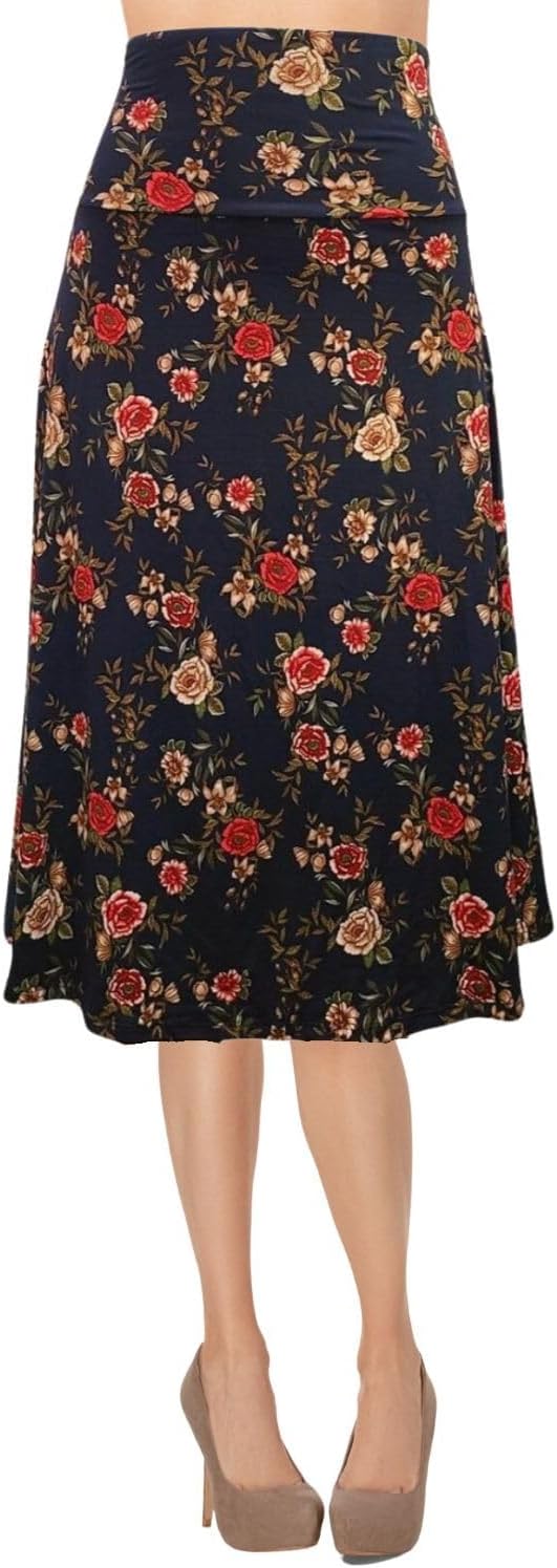 Women's A-Line Foldover Lightweight Flare Midi Pull On Closure Skirt