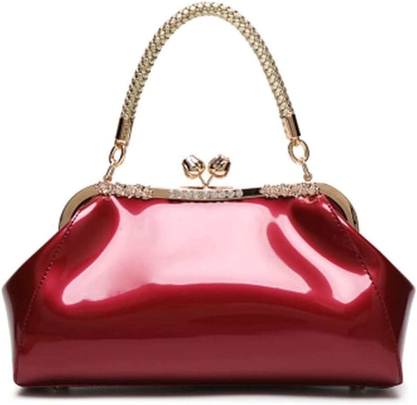 Glossy Patent Leather Evening Bag — Braided Handle Kiss Lock Handbag