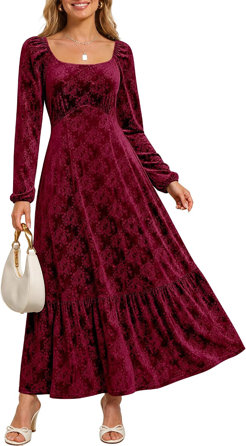Caracilia Womens Long Sleeve Velvet Formal Fall Maxi Dress