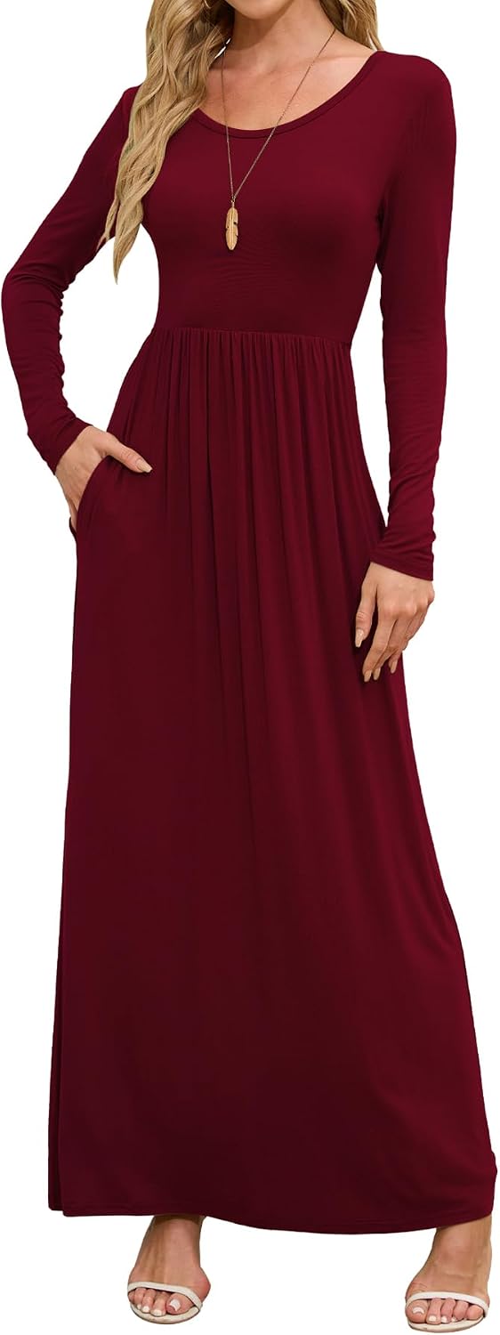 DEARCASE Women's Maxi Dress Long Sleeve Crewneck Empire Waist Long Dresses