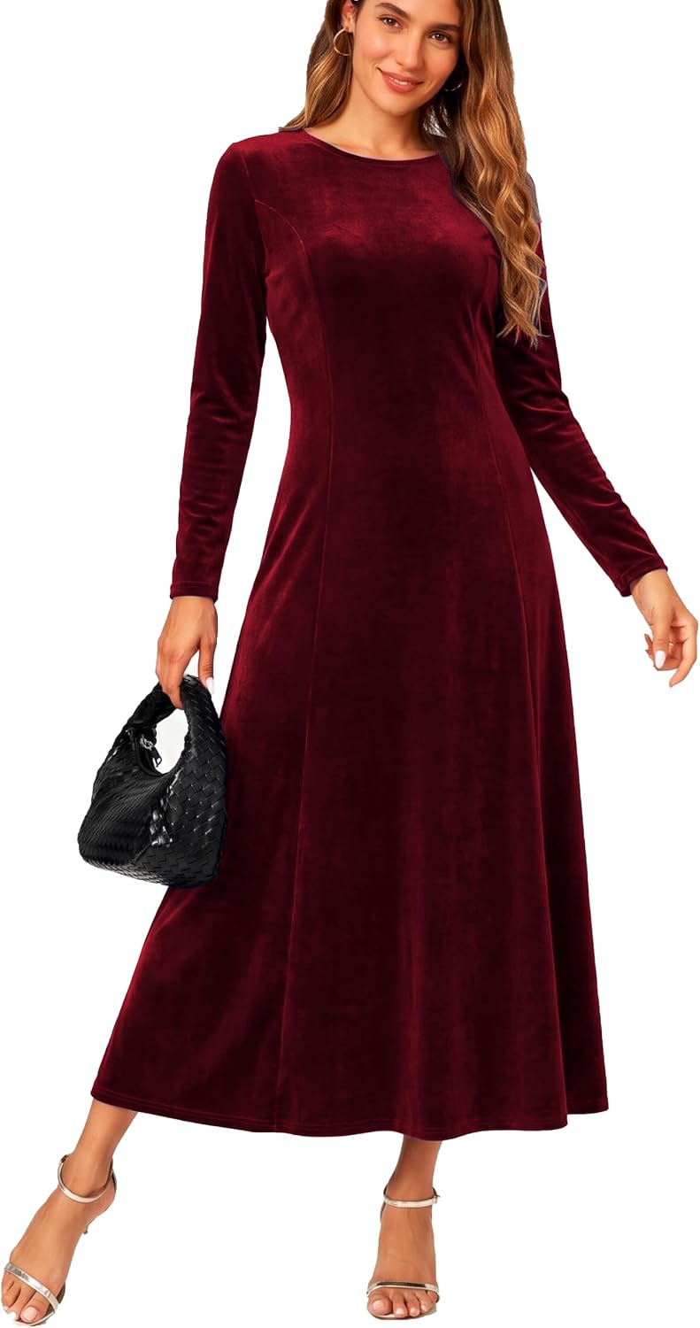 Urban CoCo Women's Elegant Velvet Midi Dress Scoop Neck Long Sleeve Ruched