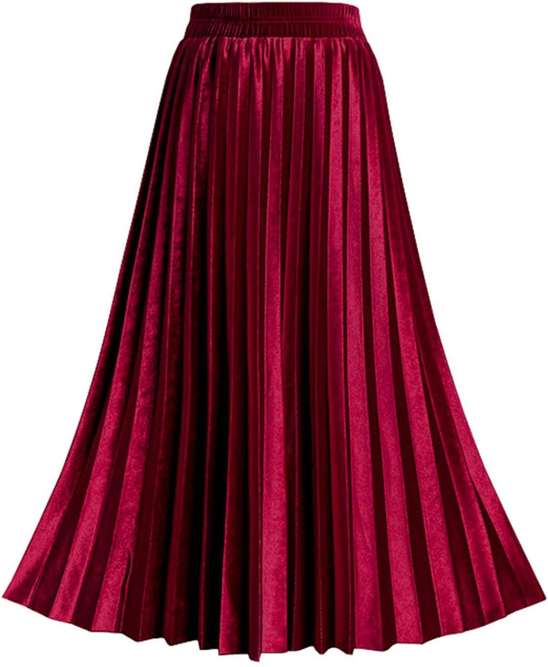 TONCHENGSD Women's Fall Winter Velvet Midi Skirt High Elastic Waist Pleated Skirt