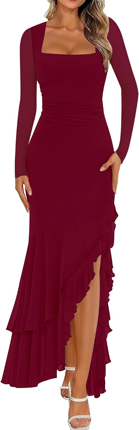 BORIFLORS Women's Bodycon Fall Wedding Guest Long Sleeve Maxi Dress