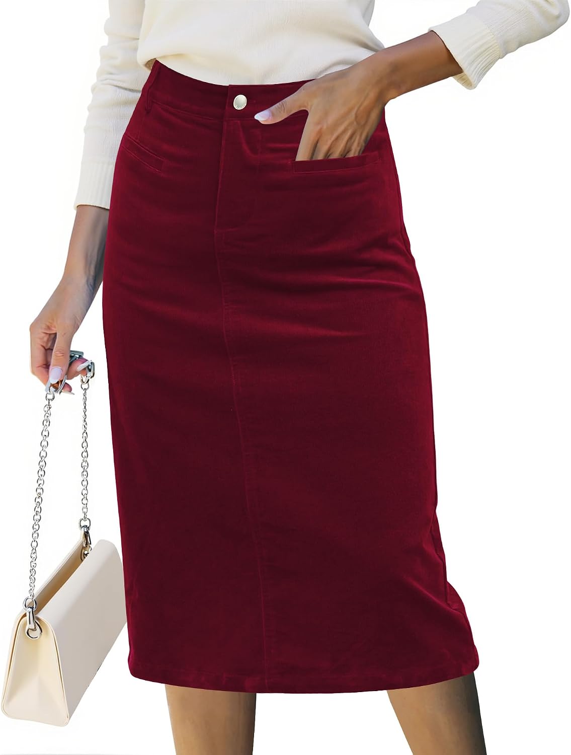 luvamia Corduroy Skirts for Women Midi Length High Waisted Trendy Fall Elastic Waist Casual Stretchy Welt Pockets Skirt