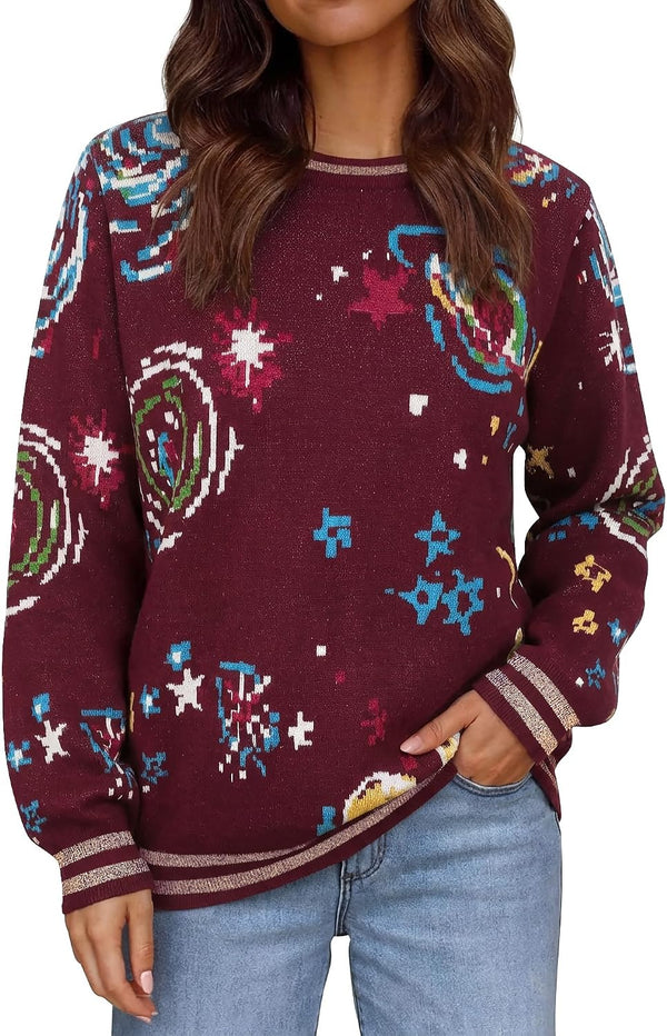 Women's Retro Space Galaxy Graphic Knit Sweaters Vintage Crewneck Pullover