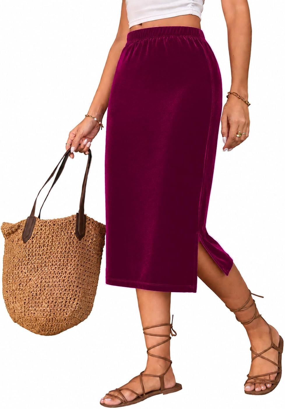 Velvet Midi Skirt for Women High Waist Straight Skirt with Side Slit