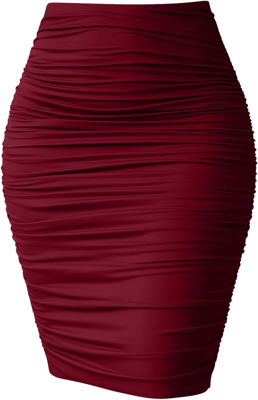 eoeoo Women High Waist Ruched Elegant Bodycon Stretch Midi Pencil Skirt