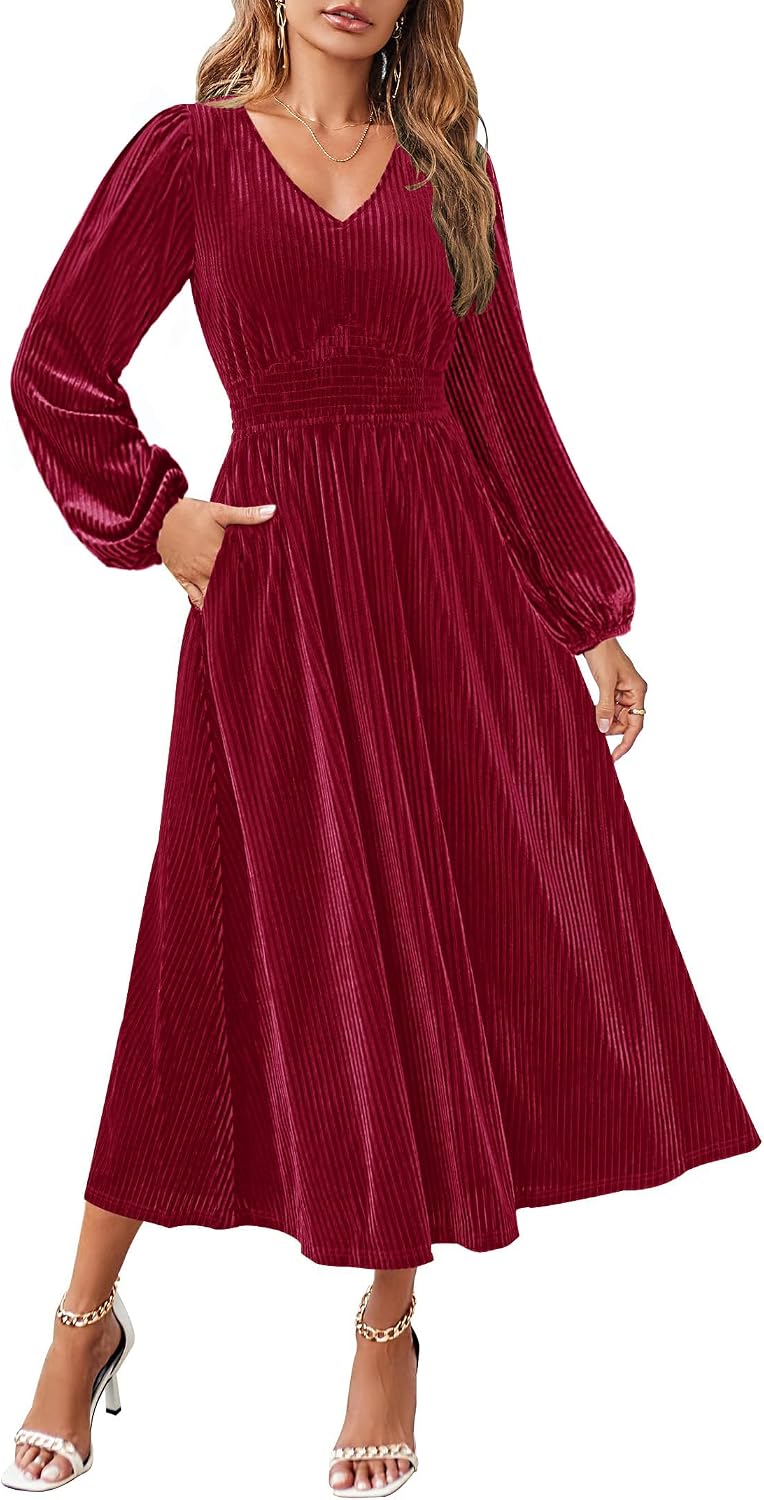 ZESICA Women's Velvet Wedding Guest Cocktail Long Sleeve Winter Dress