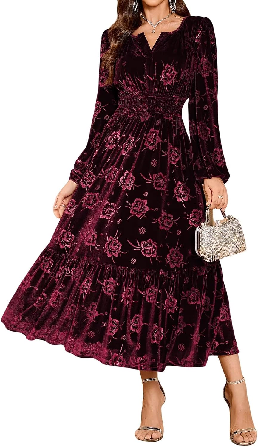 ZAFUL Womens Velvet Dress Long Sleeve Maxi Dresses Floral Smocked Waist