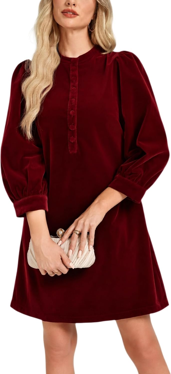 Ladyful Velvet Dress for Women Fall 3/4 Sleeve Cocktail Mini Shift Dress