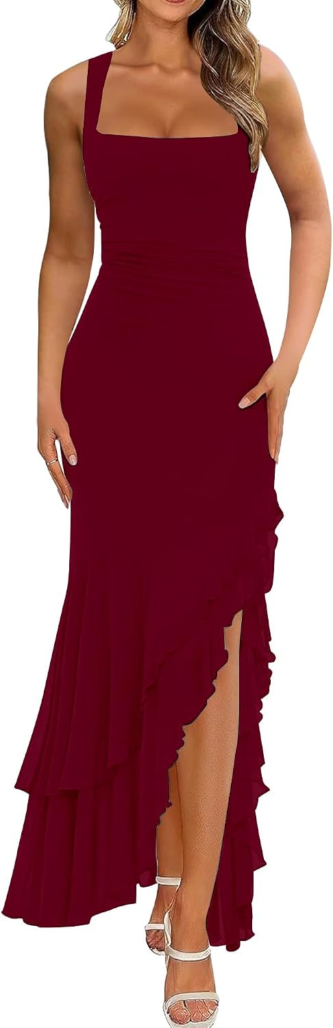 BORIFLORS Women's Elegant Bodycon Ruched Maxi Cocktail Dress