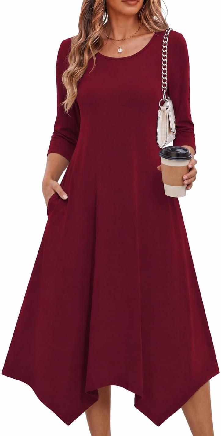 Zeagoo Midi Dresses Women 2026 Dress 3/4 Sleeve A Line Casual Dresses with Pockets