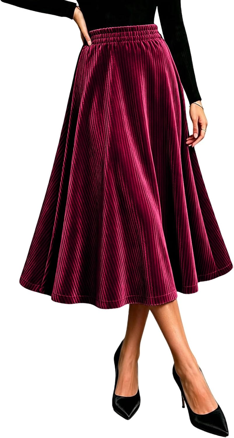 Women Velvet Midi Skirt Elastic A-Line Swing Skirts Christmas Wedding Formal Holiday Wear Fall Winter Outfits