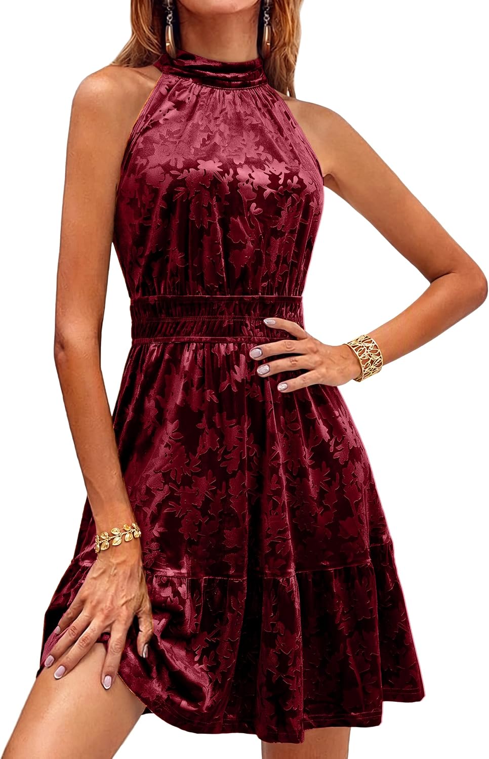 Simplee Womens Velvet Halter Wedding Guest Cocktail Fall Winter Mini Dress