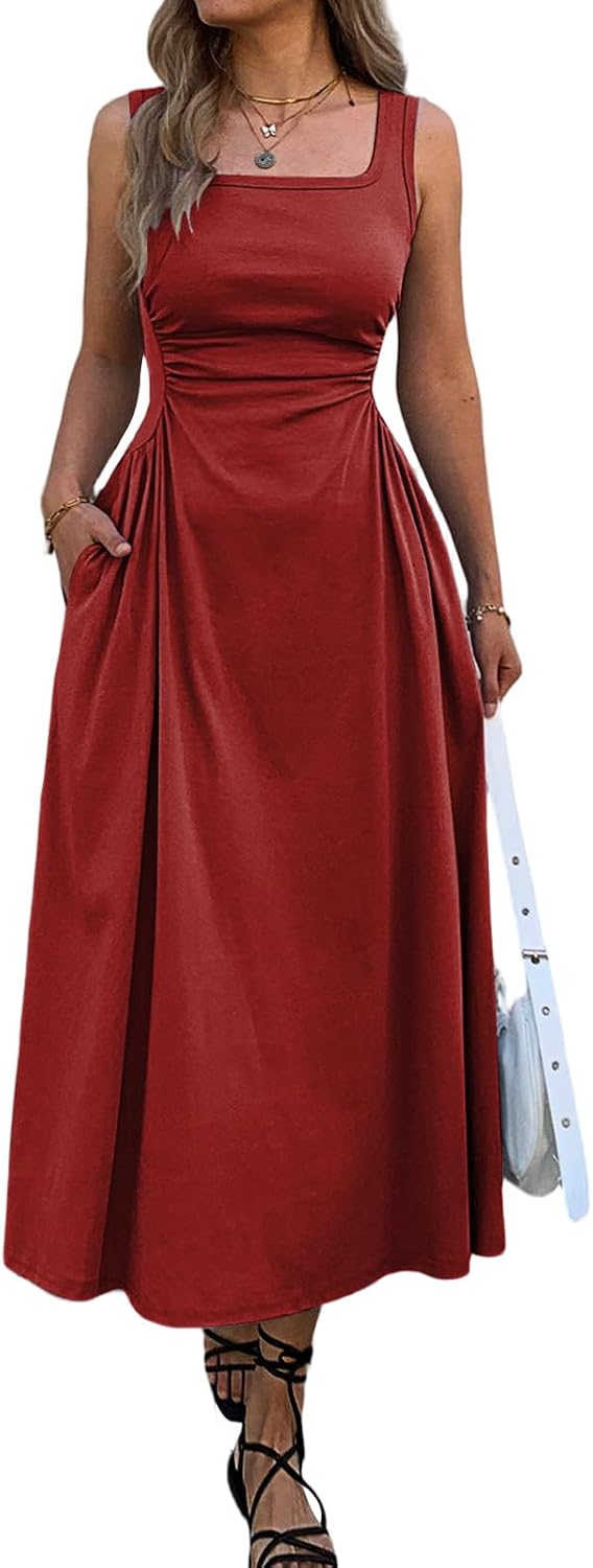 Mieazom Women's Square Neck Sleeveless Slim-Fit Maxi Dress Ruched Waist Corset Flowy Casual Summer Dresses with Pockets