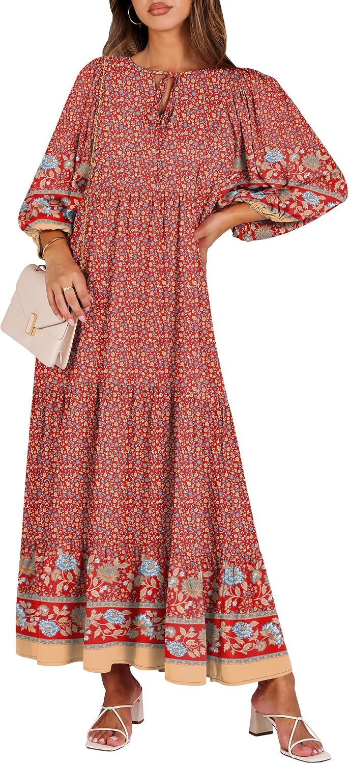 ANRABESS Womens Boho Floral 3/4 Puff Sleeve Maxi Dress