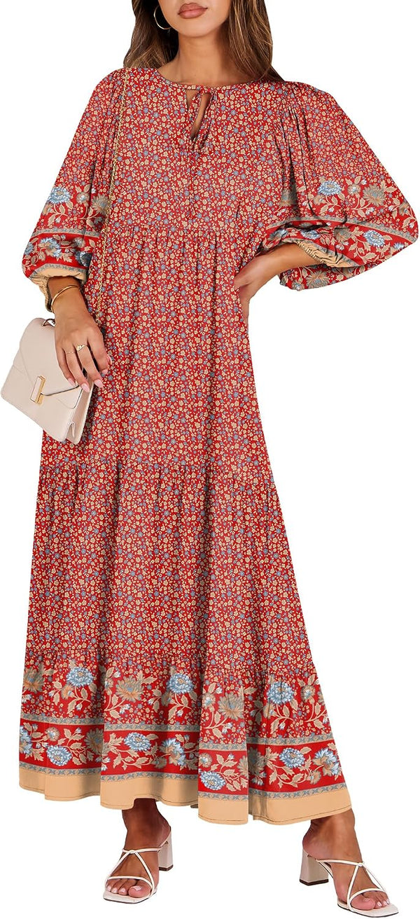 ANRABESS Womens Boho Floral 3/4 Puff Sleeve Maxi Dress