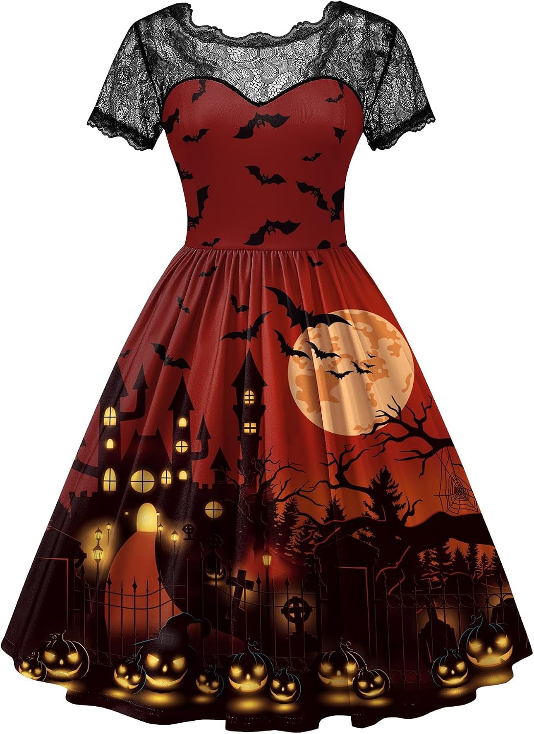 Women Halloween Party Costume Vintage Swing Lace Short Sleeve Witch Dress
