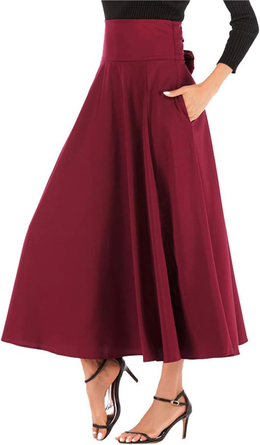 Women’s High Waist Pleated Maxi Skirt with Pockets, Solid Split Flowy Skirt