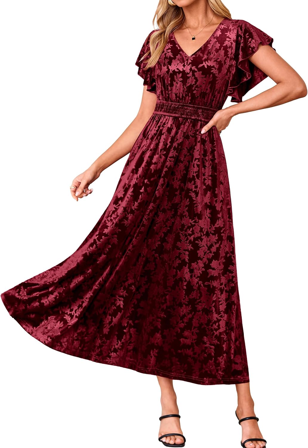 BerryGo Women's Fall Velvet Floral Maxi Wedding Guest Dress