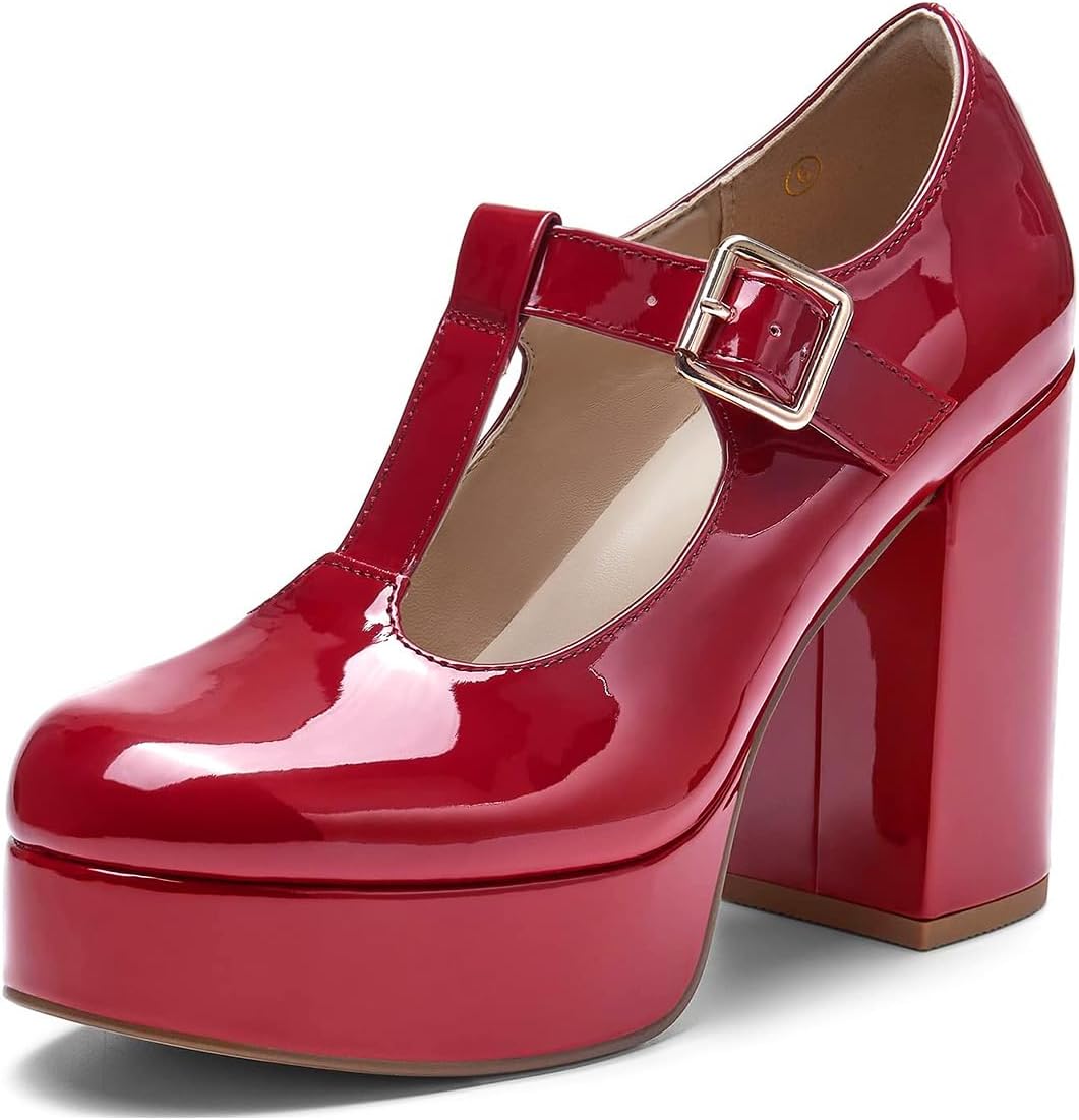 Coutgo Womens' T-Strap Round Toe Chunky Platform Heels Patent Mary Jane Dress Shoes