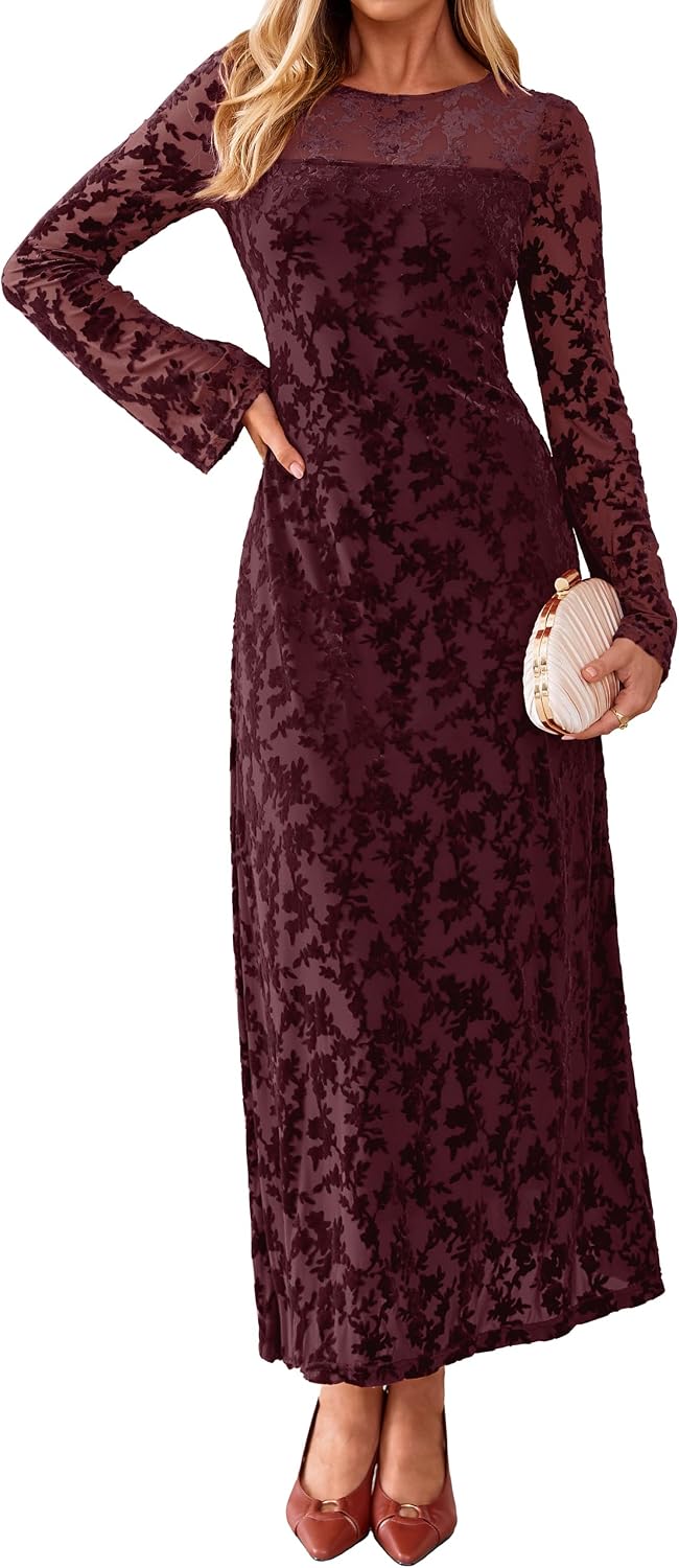 Simplee Womens Velvet Long Sleeve Fall Formal Wedding Guest Maxi Dress
