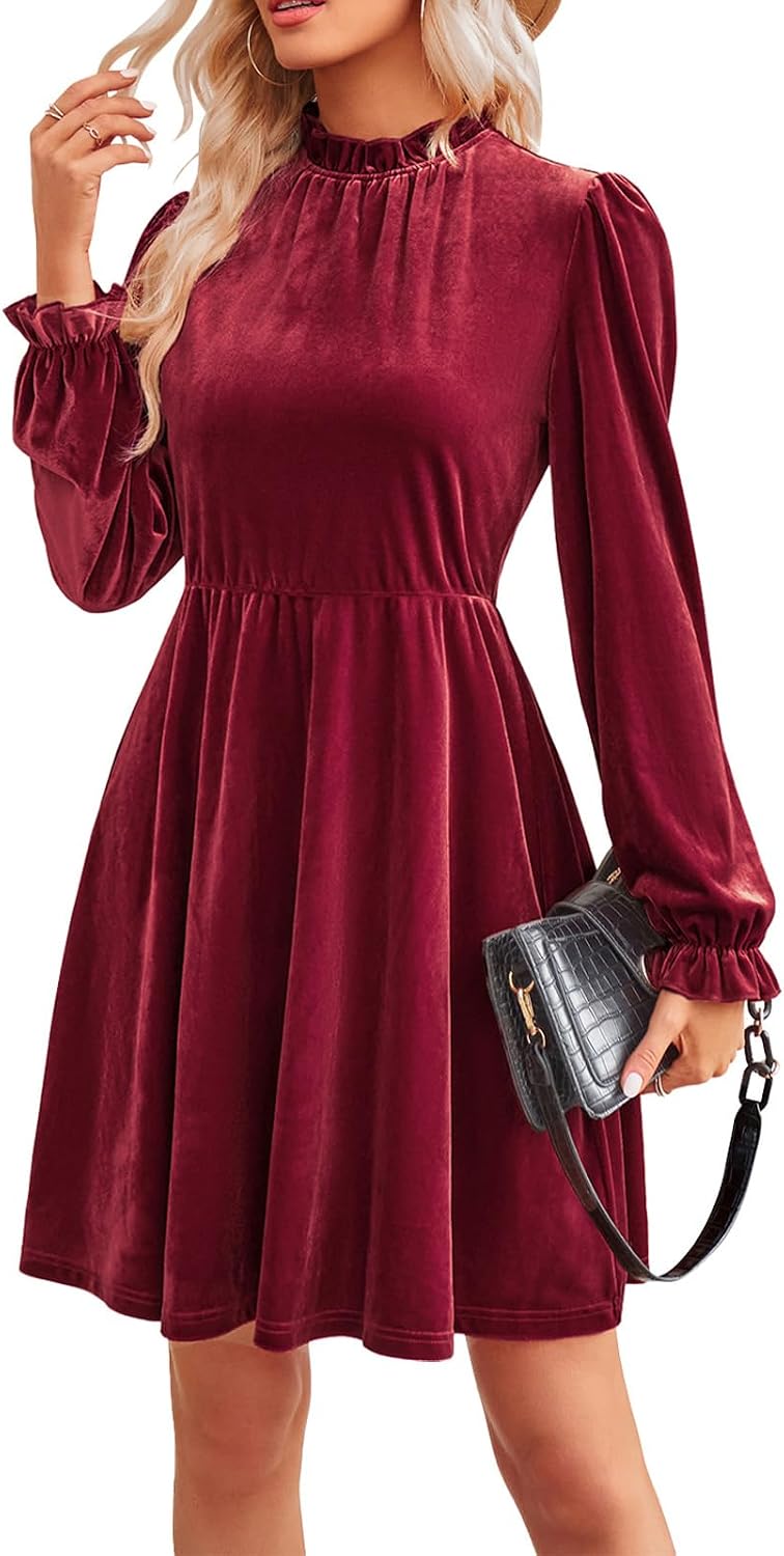 Jayscreate Women's Long Sleeve Winter Fall Wedding Guest Velvet Short Dress