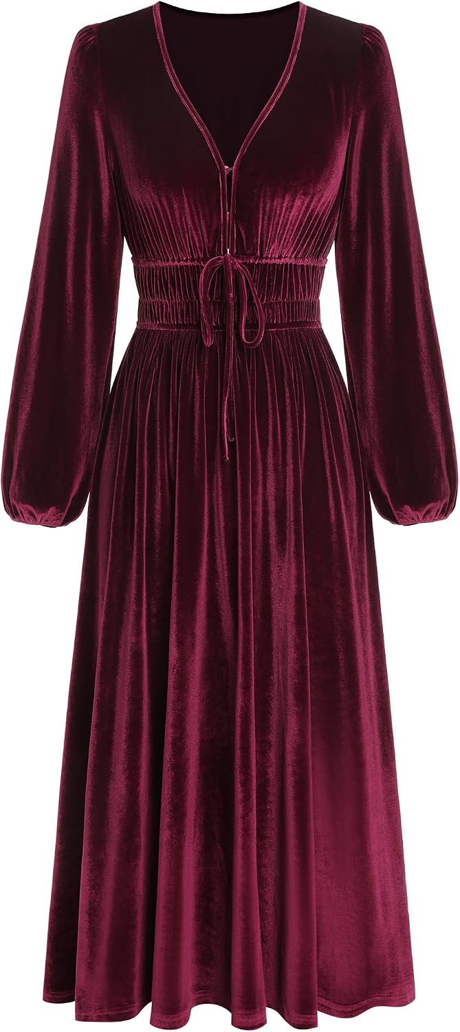 ZAFUL Women's V Neck Velvet Midi Dress Long Sleeve Formal Cocktail Dress