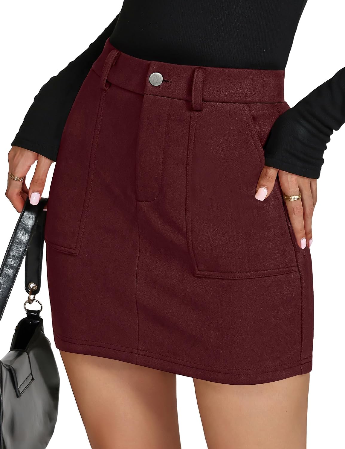 IECCP Women's Faux Suede Skirts Mini High Waist Pencil Skirt with Pockets
