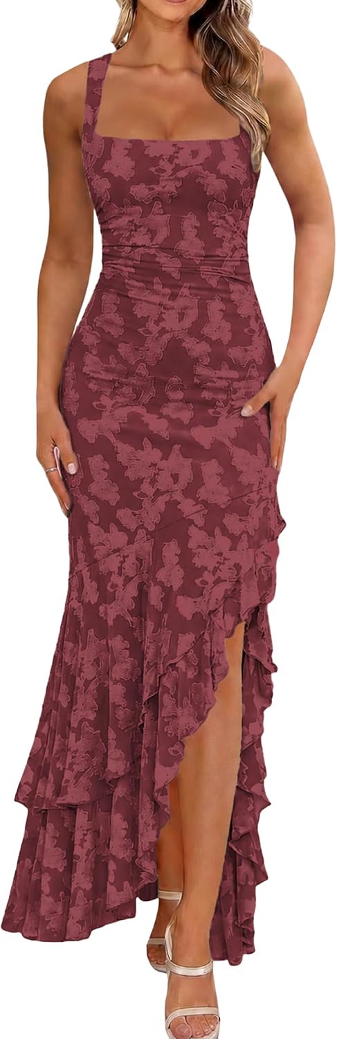 BORIFLORS Women's Elegant Ruched Floral Maxi Wedding Guest Dress