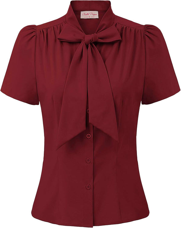Belle Poque Women Dressy Casual Top Bow Tie Button Down Short Sleeve Blouse