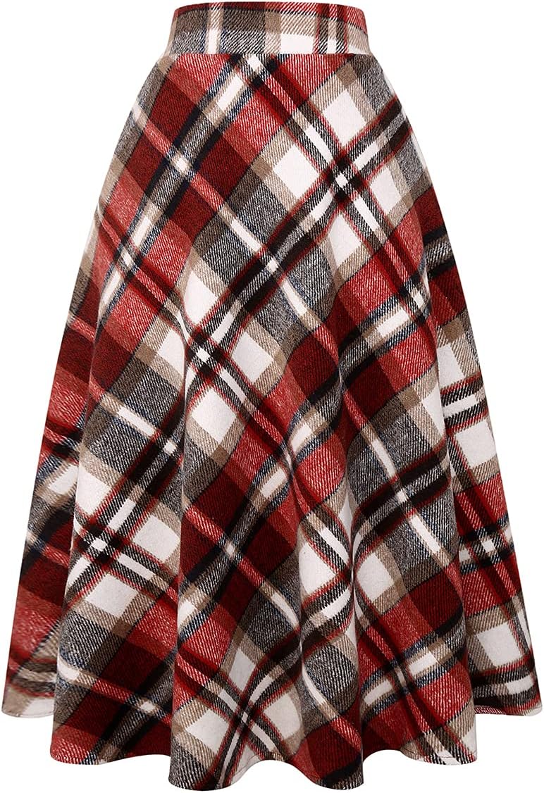 Womens Long Wool Plaid Skirt Aline High Waist Fall Winter Skirts