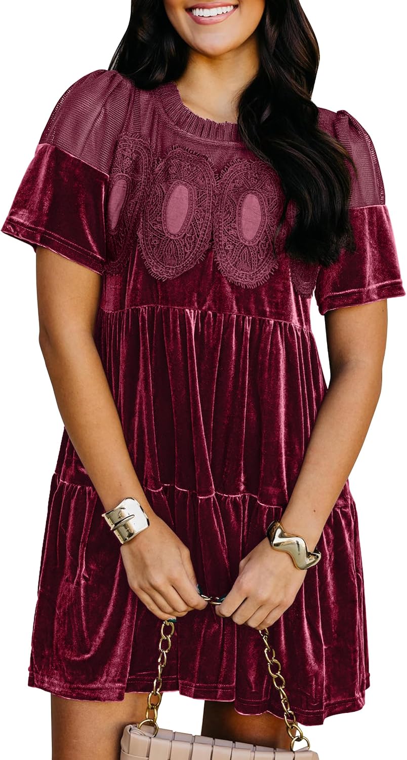 miduo Womens Scallop Neck Short Sleeve Velvet Lace Mini Babydoll Dress