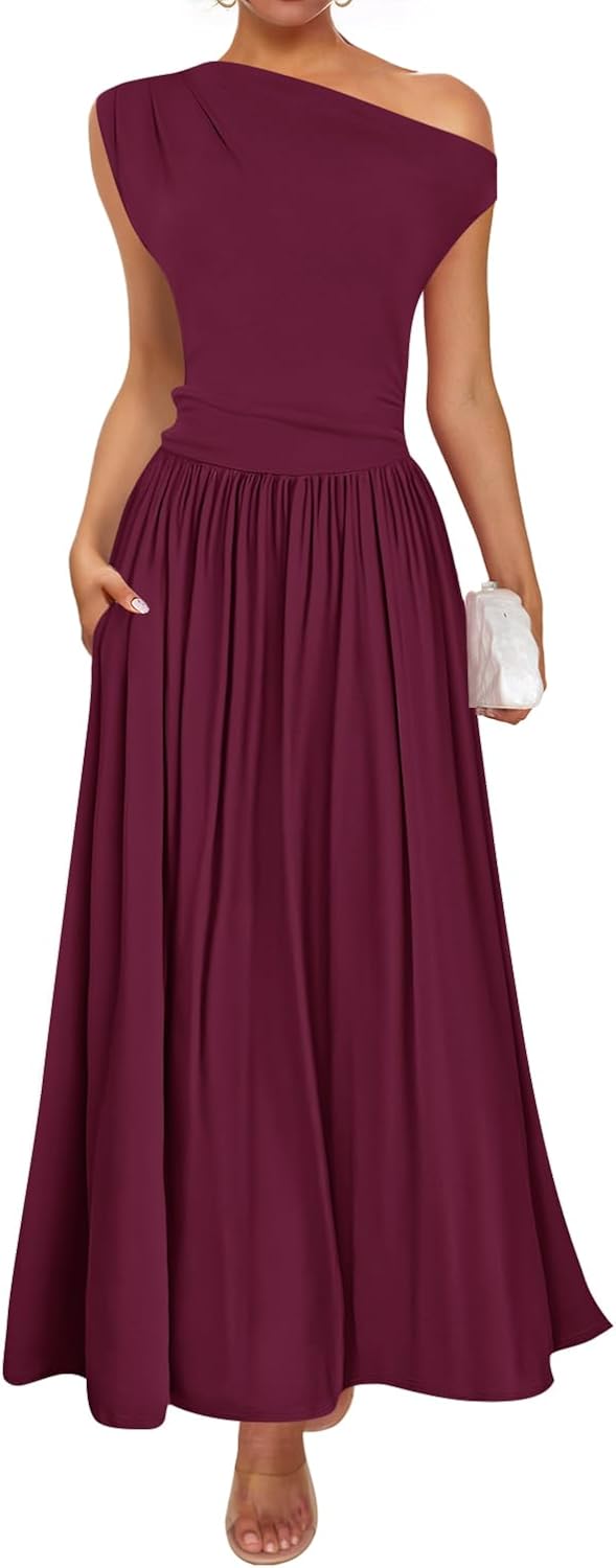 ZESICA Womens Sleeveless One Shoulder Maxi Dress with Pockets Secondary image