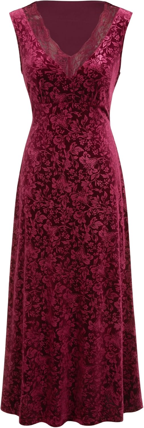 CIDER Fall Velvet Maxi Dress Women V Neck Lace Trim Sleeveless Dress