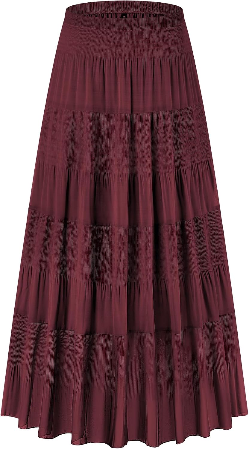 CYiNu Women's Chiffon Elastic High Waist Tiered Pleated Floral Printed A-Line Boho Long Maxi Skirts