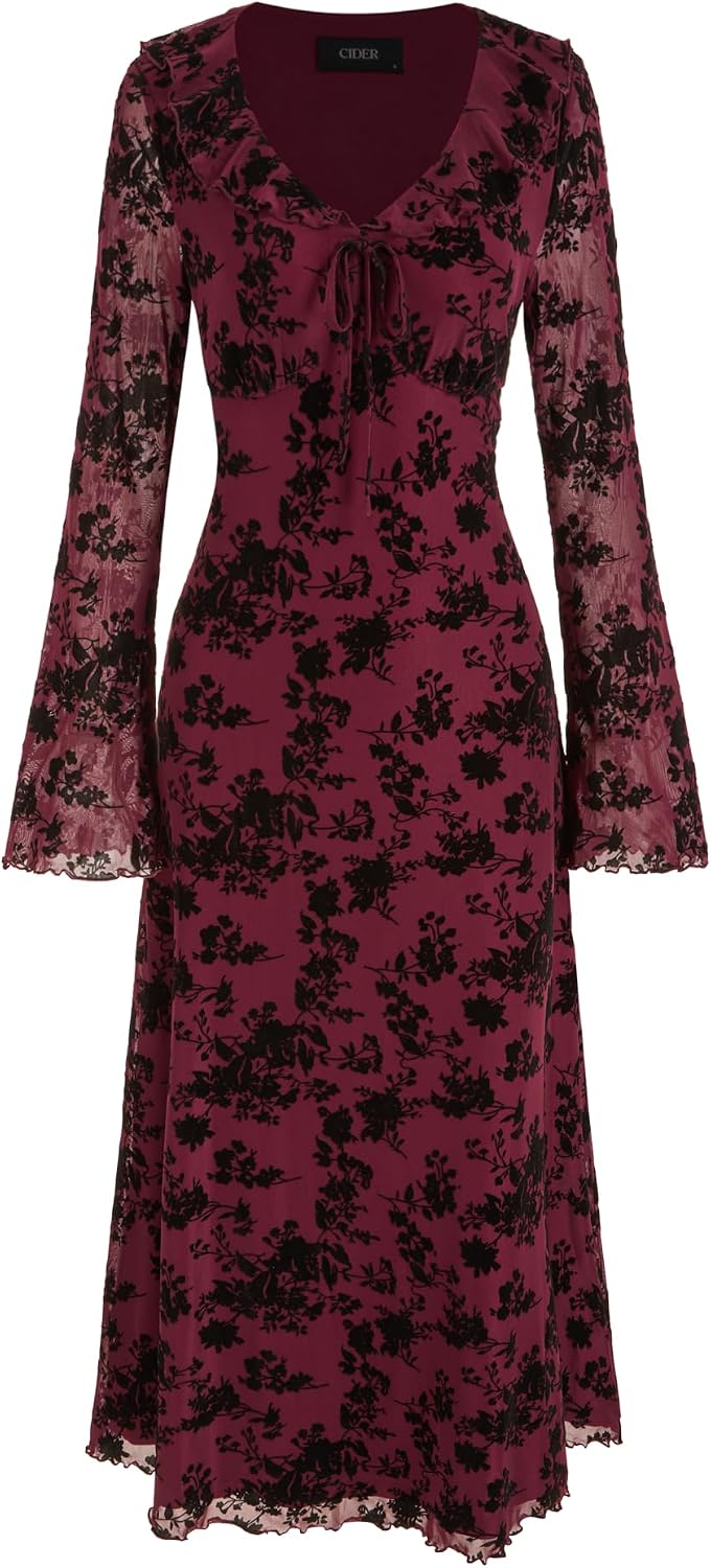 CIDER Women's Floral Velvet Dress Mesh Long Sleeve Maxi Dress
