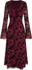 CIDER Women's Floral Velvet Dress Mesh Long Sleeve Maxi Dress