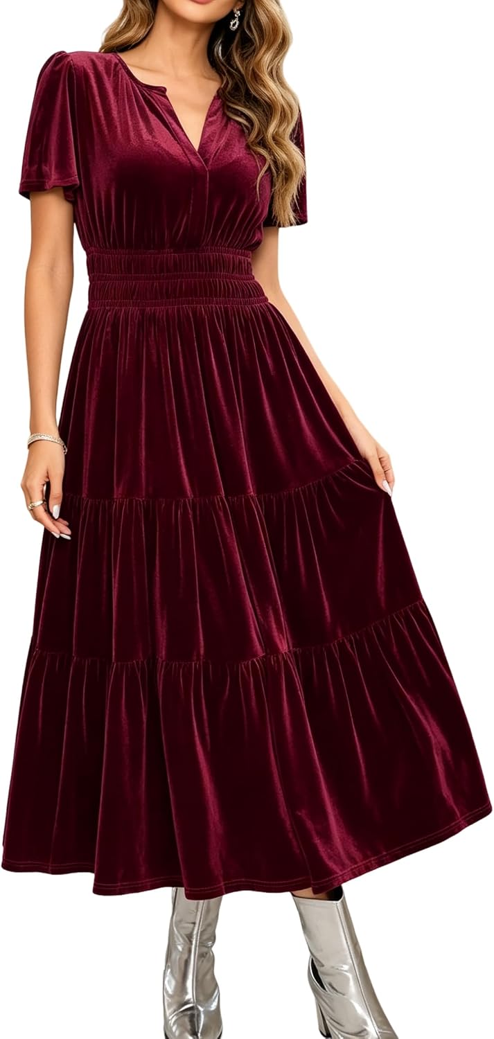 R.Vivimos Womens Fall Winter Velvet Elastic Waist Maxi Dress