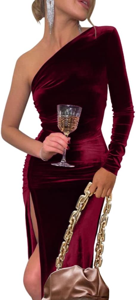 YMDUCH Women's One Shoulder Long Sleeve Ruched Slit Party Dress