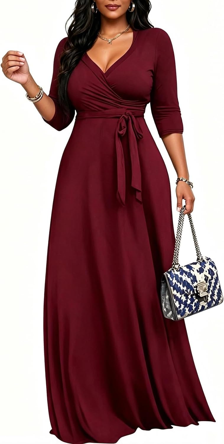 CaniBtr Maxi Dresses for Women Plus Size 3/4 Sleeve Long Dress with Belt