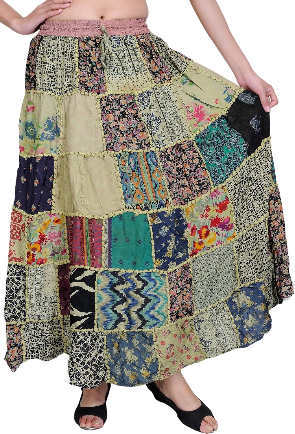 Exotic India Long Printed Dori Skirt from Gujarat with Patch Work - Rayon