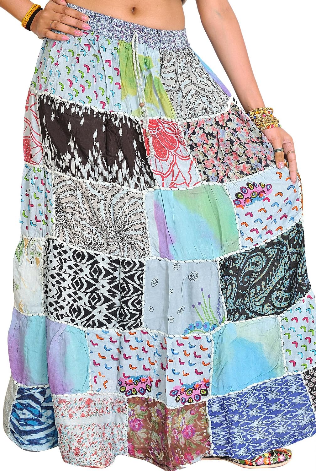 Exotic India Long Printed Dori Skirt from Gujarat with Patch Work - Rayon