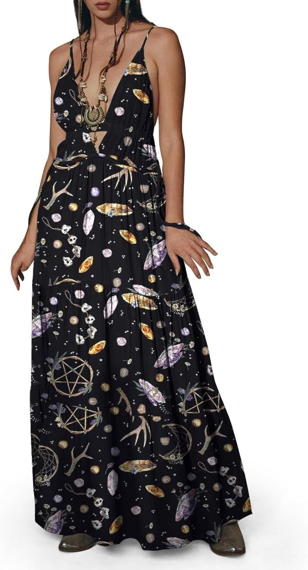 Womens Summer Sun Dresses Mystical Gothic Maxi Dress Casual Floral Witch Dress Date Dress Halloween Outfits