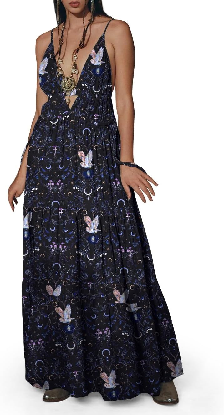 Womens Summer Sun Dresses Mystical Gothic Maxi Dress Casual Floral Witch Dress Date Dress Halloween Outfits